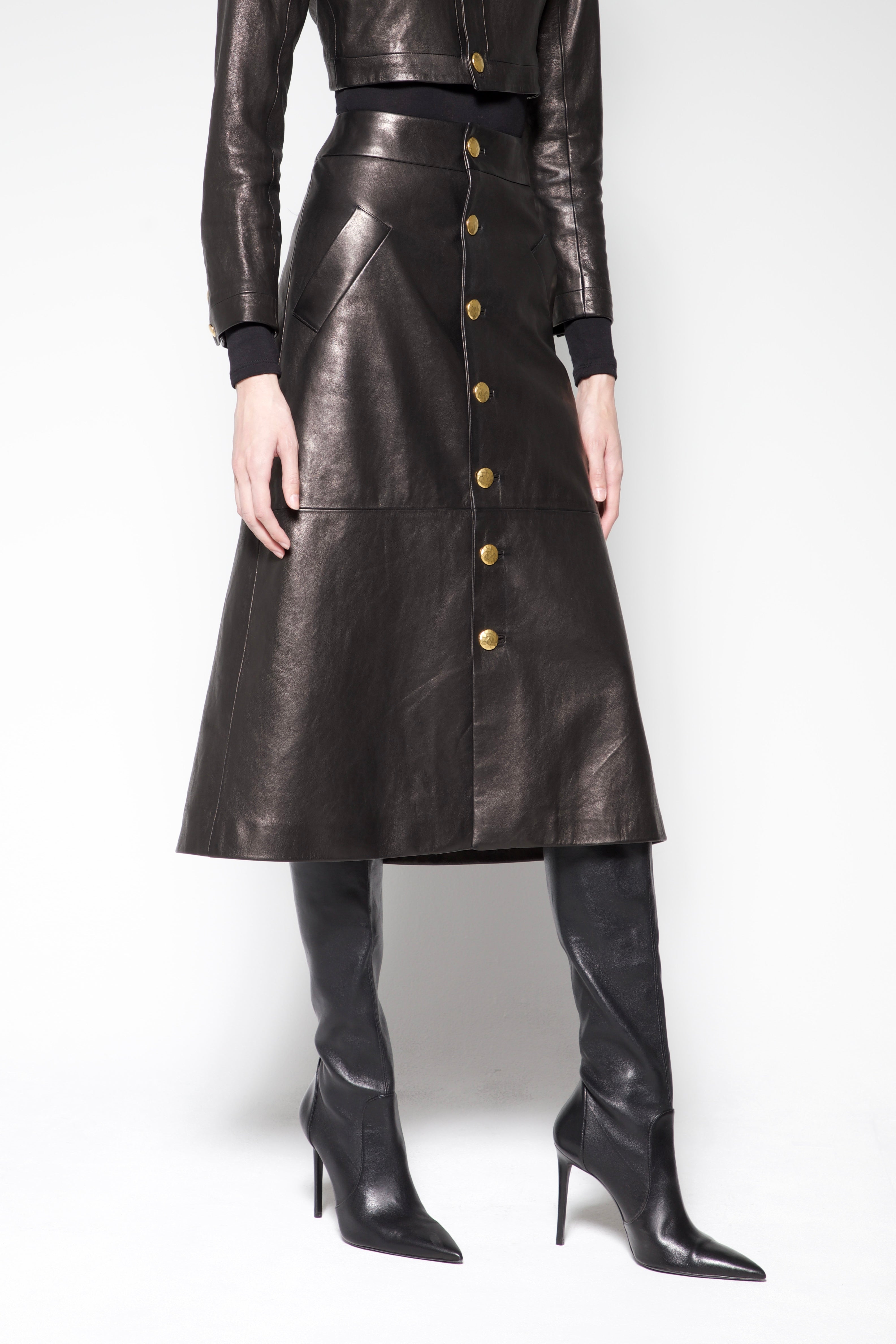 Button-Front Leather Midi Skirt