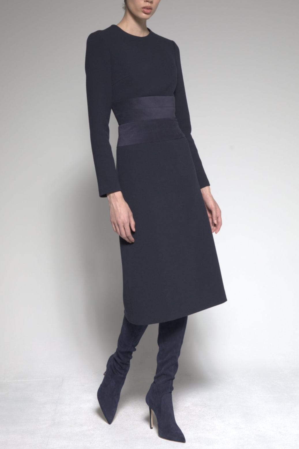 Crew Neck A-Line Dress w/ Suede Waist
