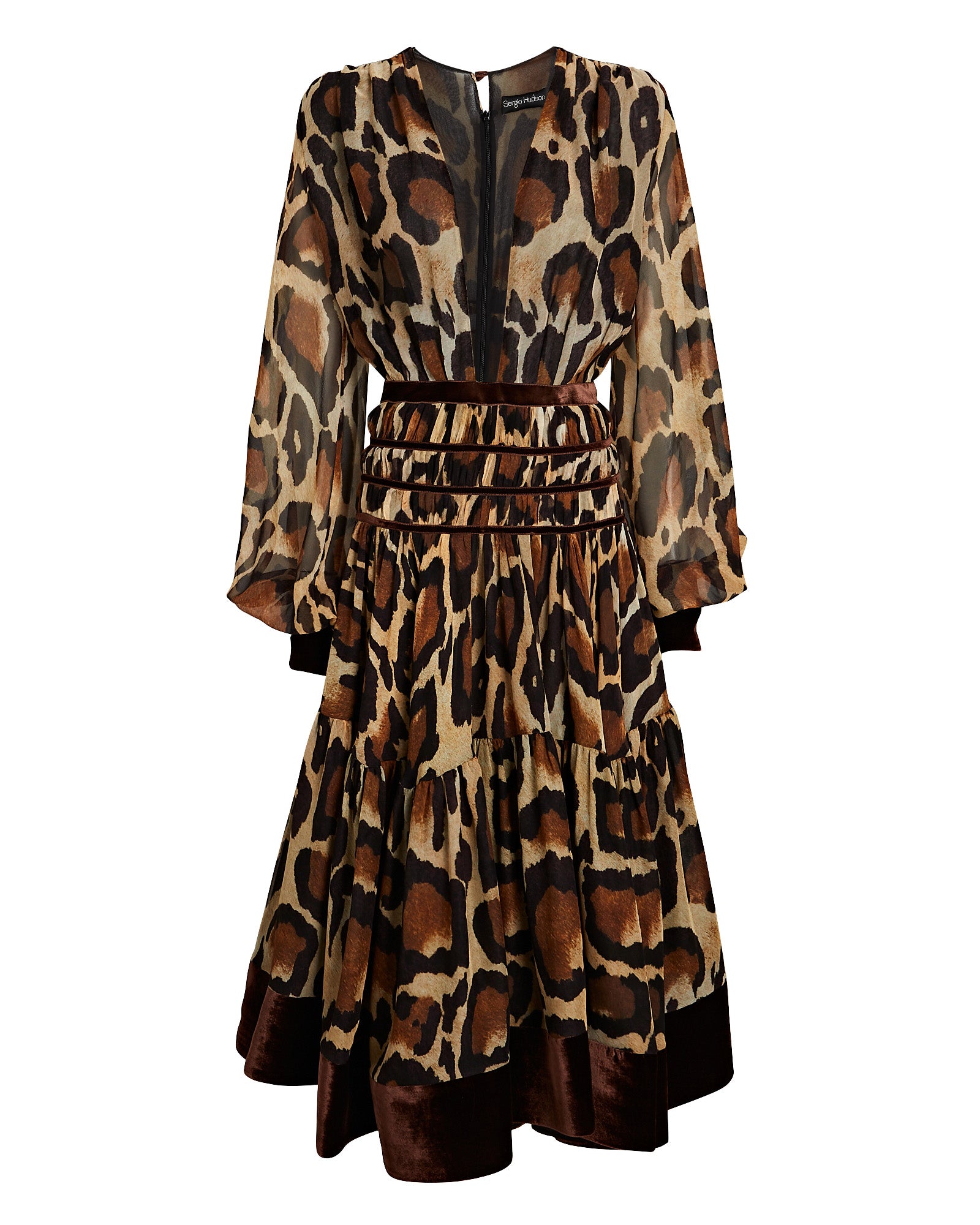 Animal Print Tiered Midi Dress w/ Velvet Trim