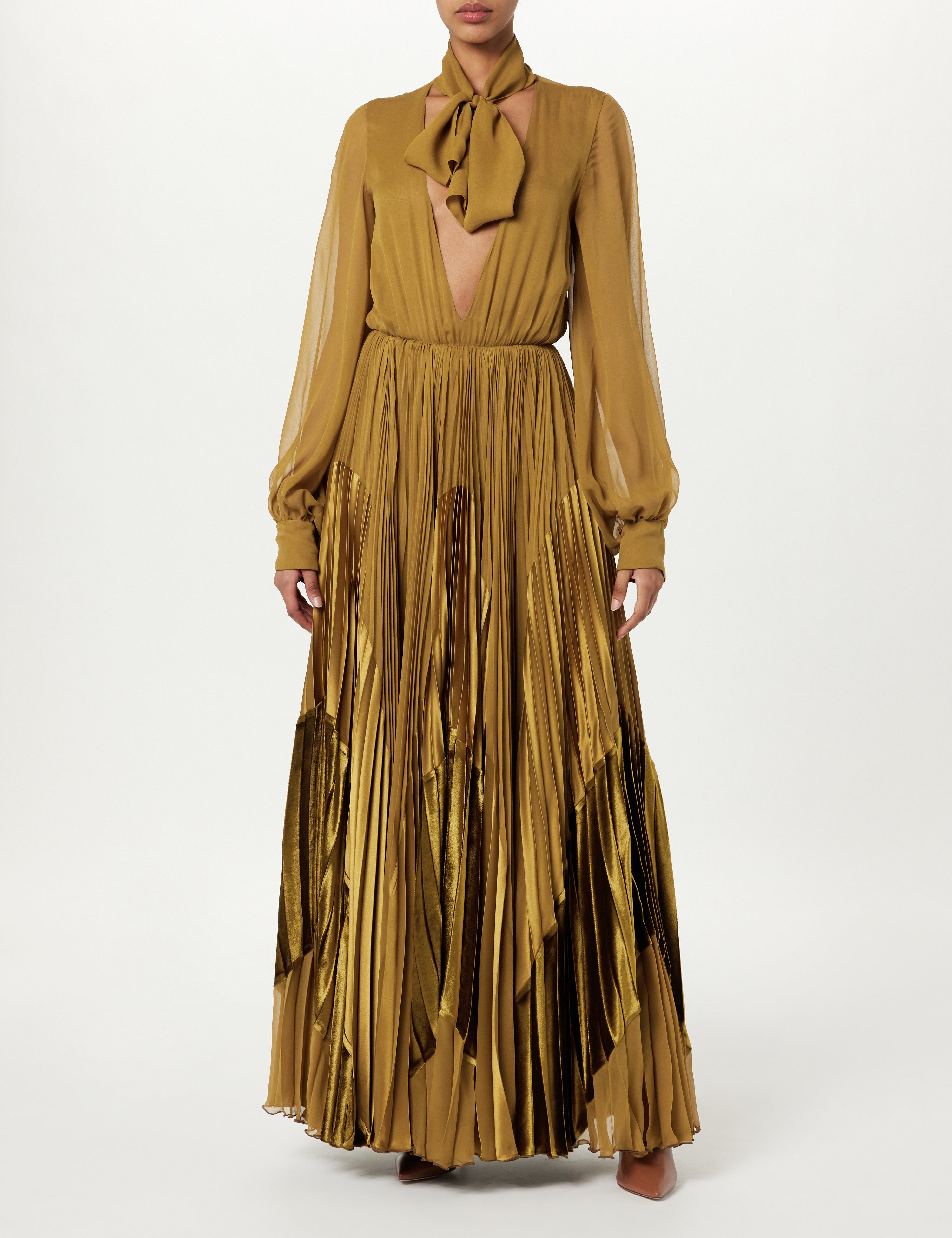 Tie-Neck Pleated Maxi Dress