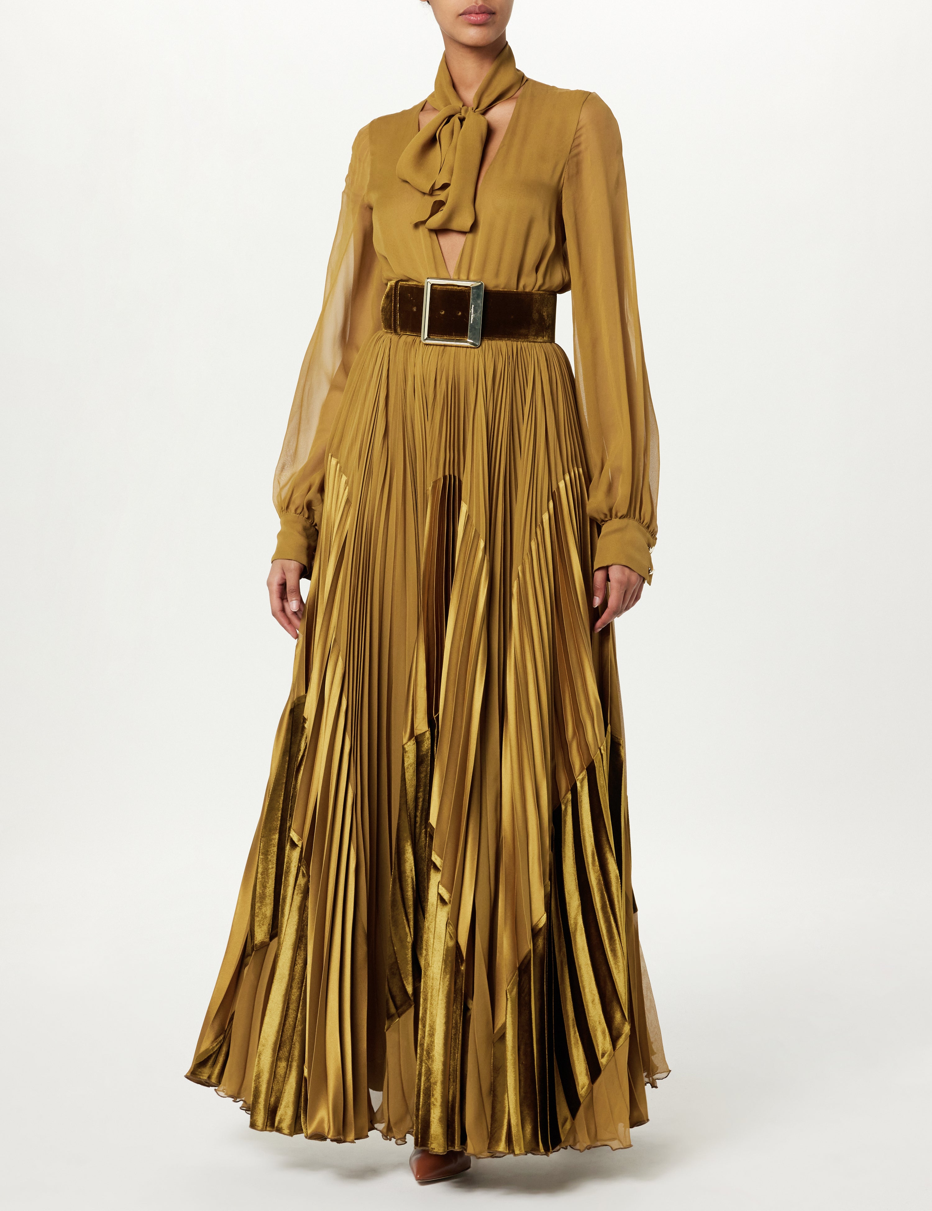 Tie-Neck Pleated Maxi Dress