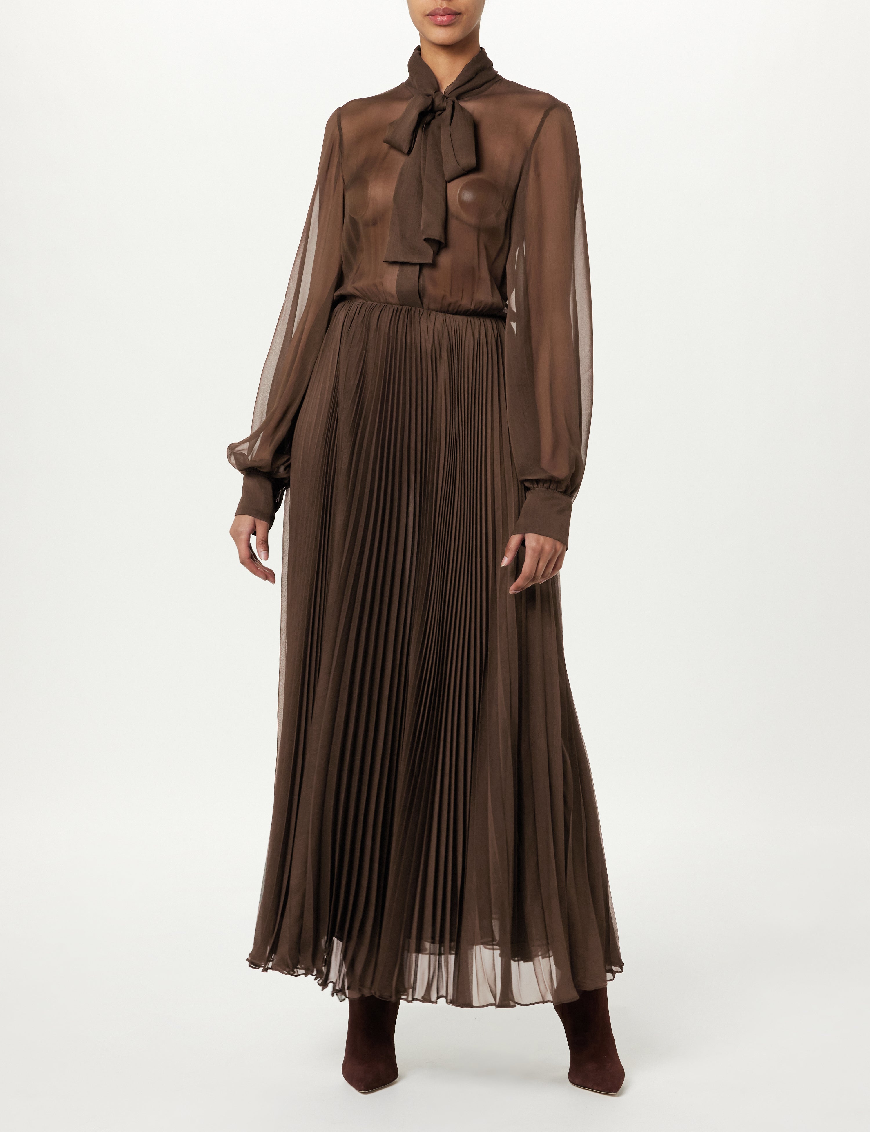 Tie-Neck Pleated Maxi Dress