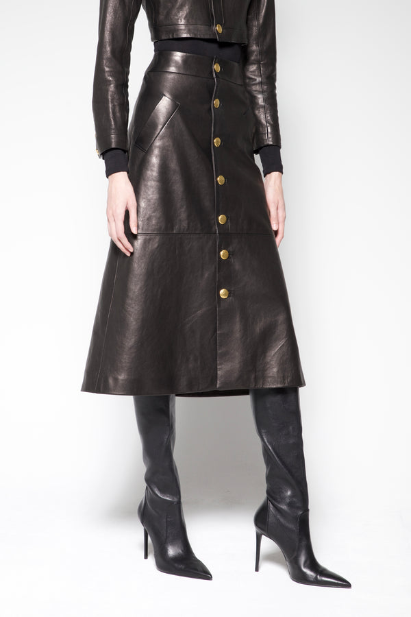 Button Front Leather midi Skirt