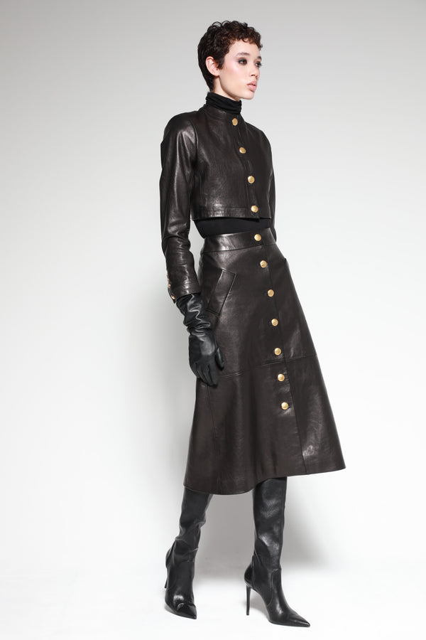Button Front Leather Skirt