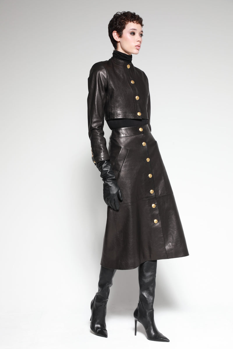 Button Front Leather Skirt