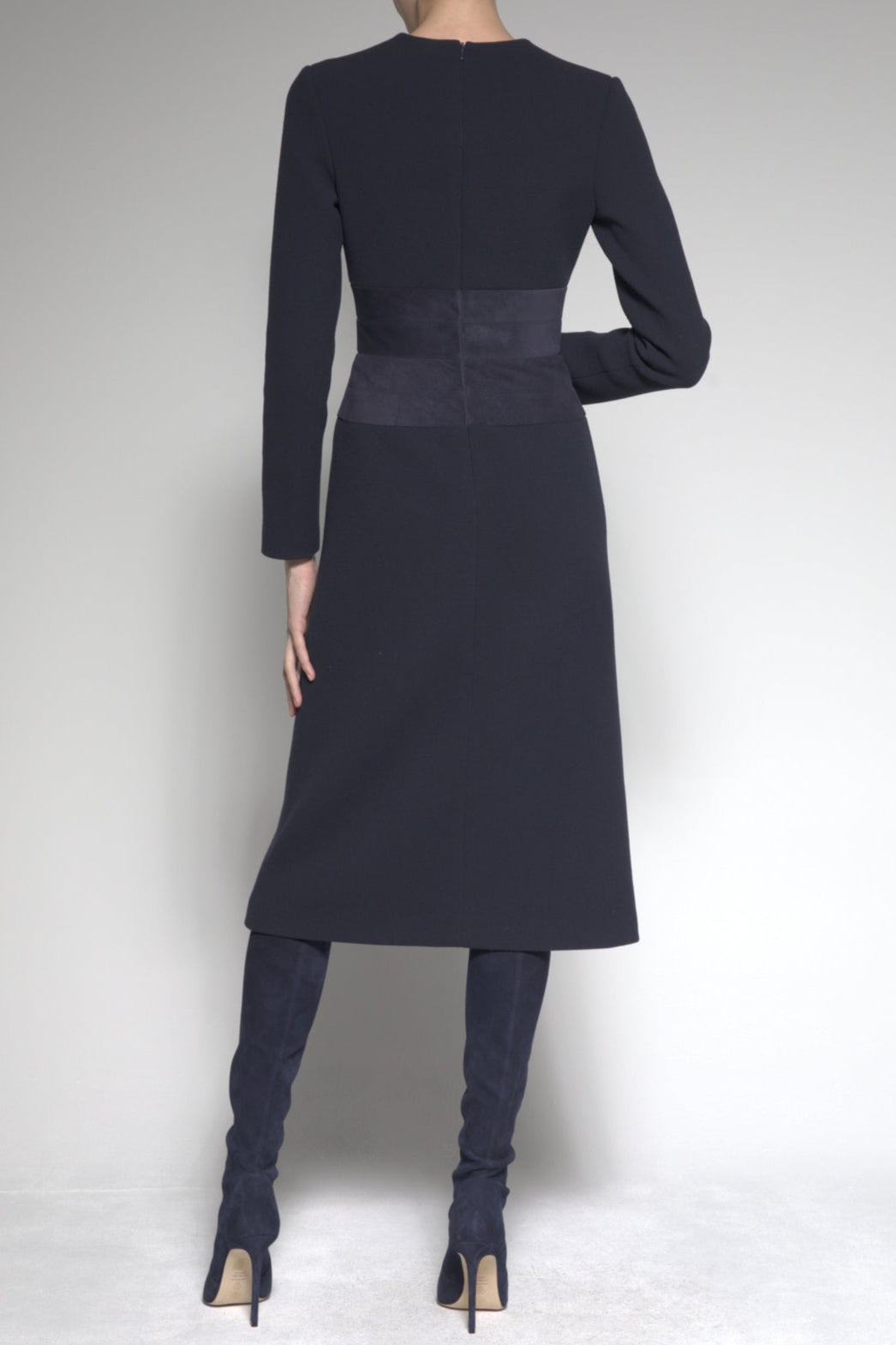 Crew Neck A-Line Dress w/ Suede Waist