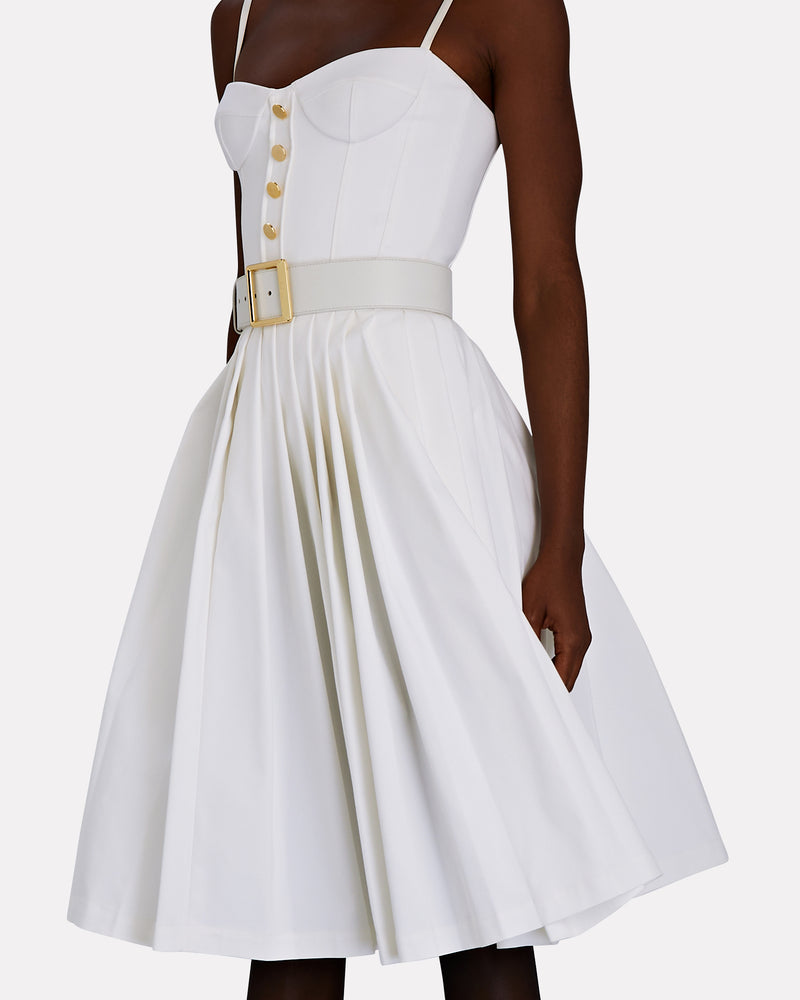 Belted Bustier Midi Dress with Pleated Skirt