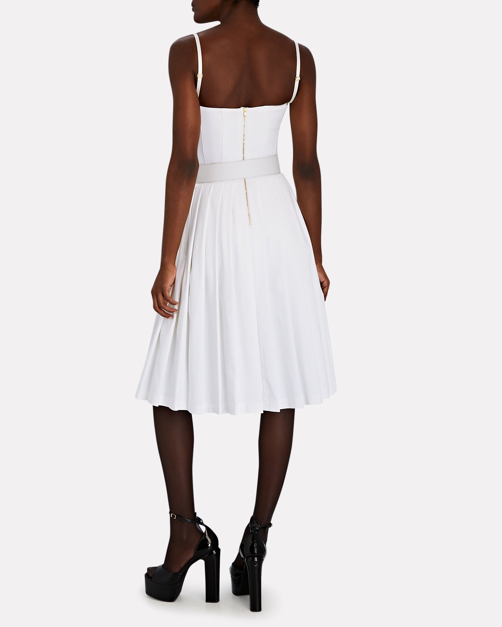 Belted Bustier Midi Dress with Pleated Skirt
