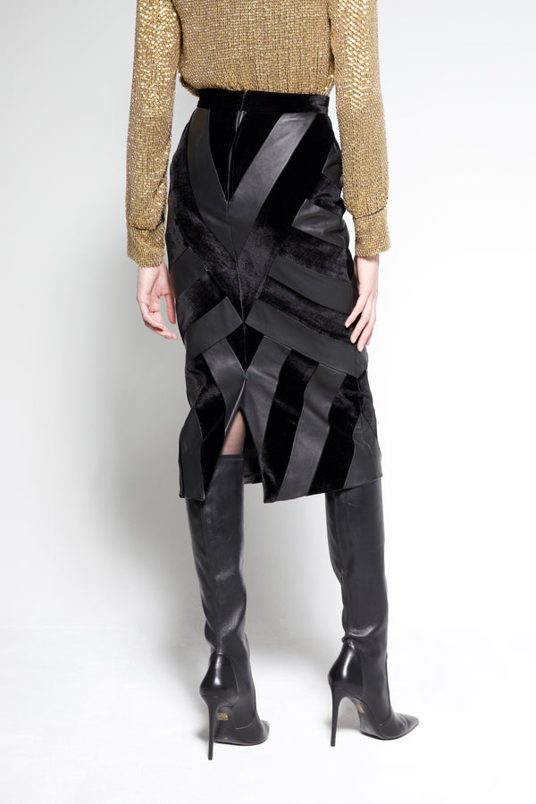 Patchwork leather and silk velvet midi skirt