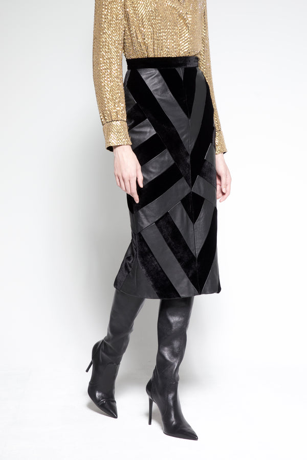 Patchwork leather and silk velvet midi skirt