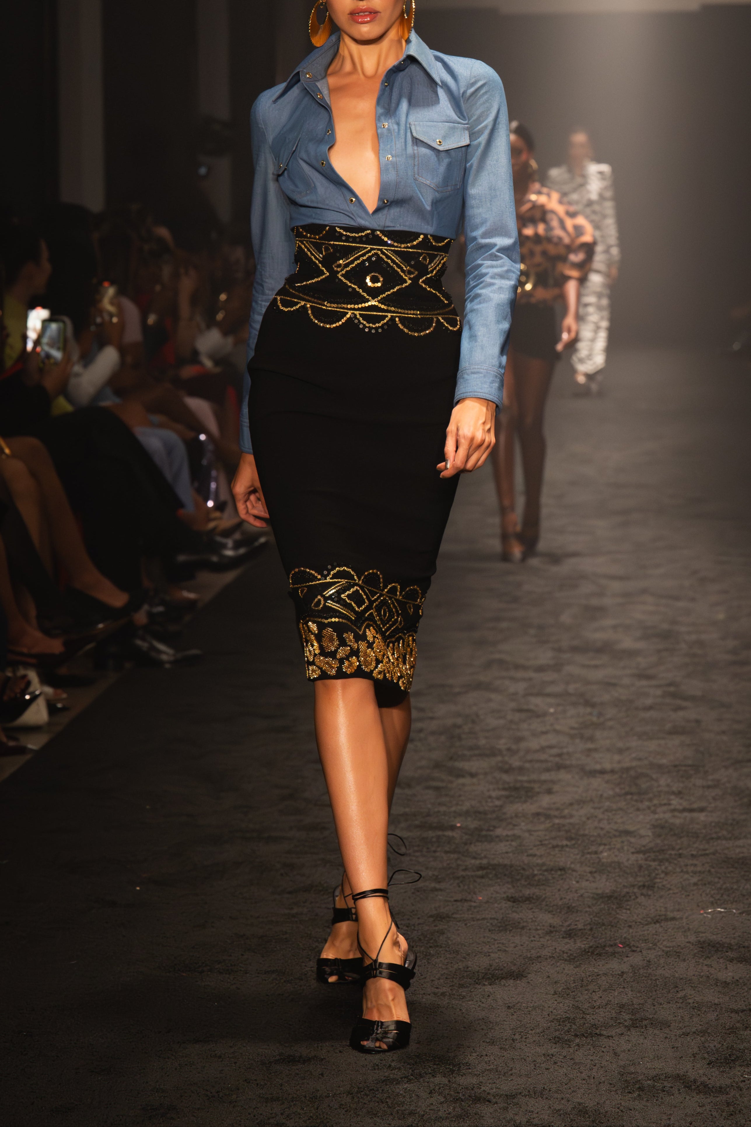 Embroidered Corset Wool Crepe Pencil Skirt