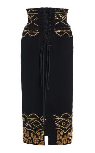 Embroidered Corset Wool Crepe Pencil Skirt