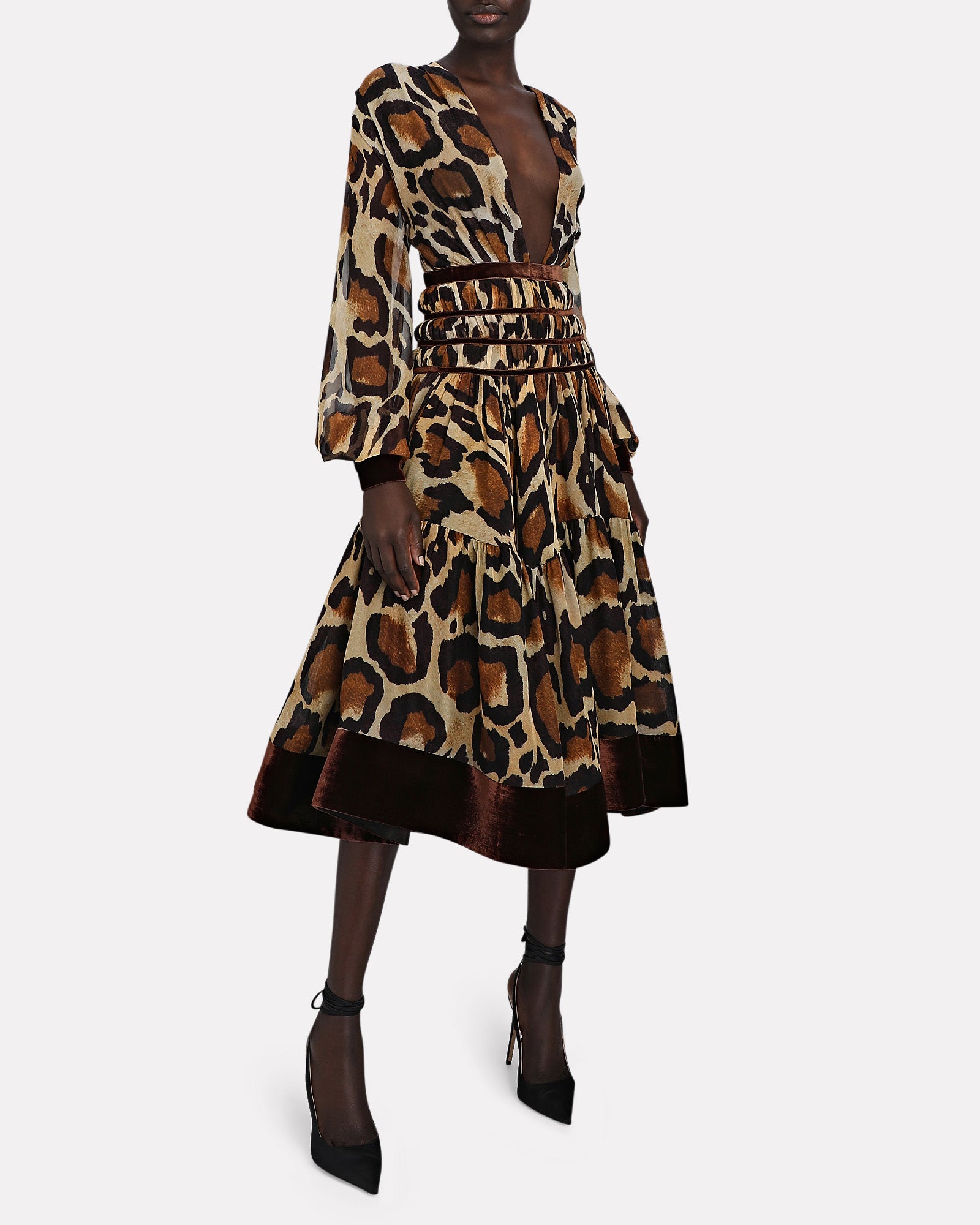 Animal Print Tiered Midi Dress w/ Velvet Trim
